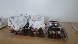 6er Set Glas/Kupfer Teetassen mit Tablett