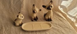 Trio de chats vintage en céramique avec plateau,  sel poivre