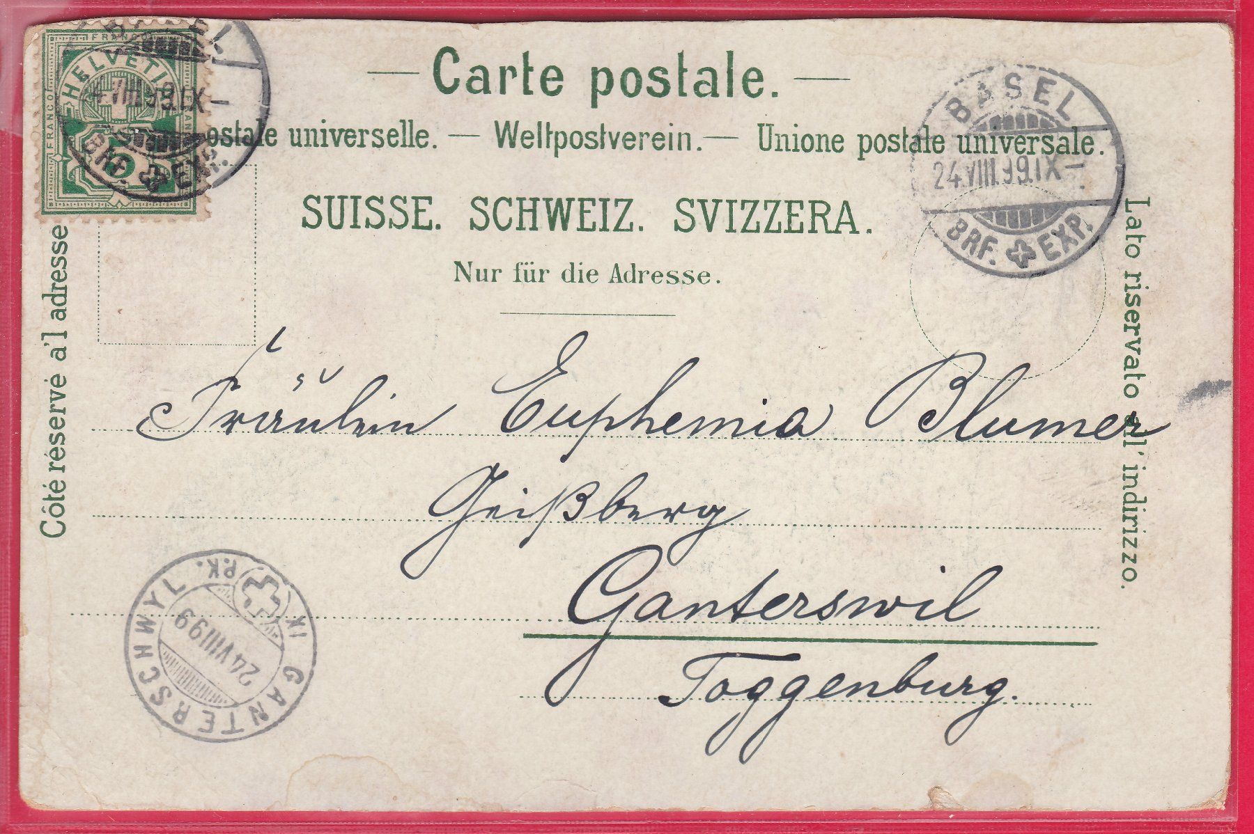 Cartoline postali: GRUSS AUS BASEL, 24.8.1899 – Usato da Oberrieden venduto da Gebirgsstelze 1