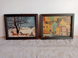 2er Set Winter/Stadt Bilder Lehoczky alte Drucke Holzrahmen