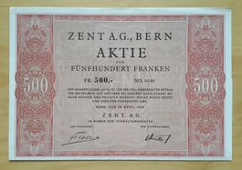 Zent AG , Aktie von Fr. 500.- , 26.4.1955 .