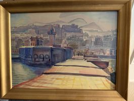 Originales Aquarell Gemälde, Hafenansicht, gerahmt, Kunst