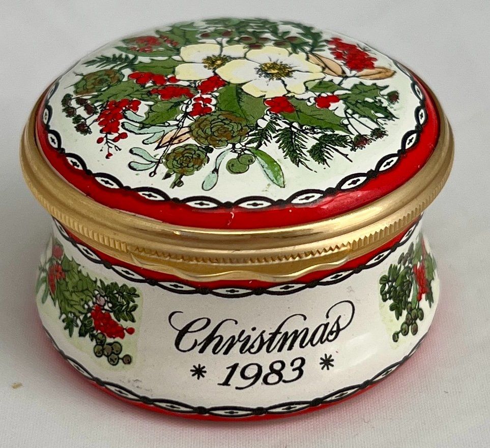 Contenitori & Simili: Halcyon Days Enamels, handbemaltes Weihnachtsdöschen, 1983 – Difettoso da Zürich venduto da Drahtzug