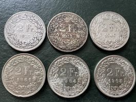2 CHF Franken Silber 1874-1965 6 Stück 