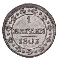 1 Batzen 1803, irisierende Patina, absolutes Prachtstück