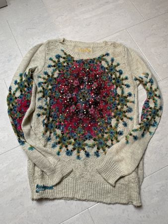 Desigual Winter Pullover, beige mit Pailletten, Grösse L