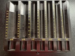 Antiker Schweizer Münzsortierer, CHF Münz-Kassette, mit Schu