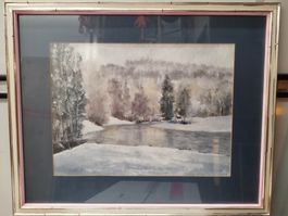 Aquarell in Carigiet Rahmen, Winterstimmung an der Thur