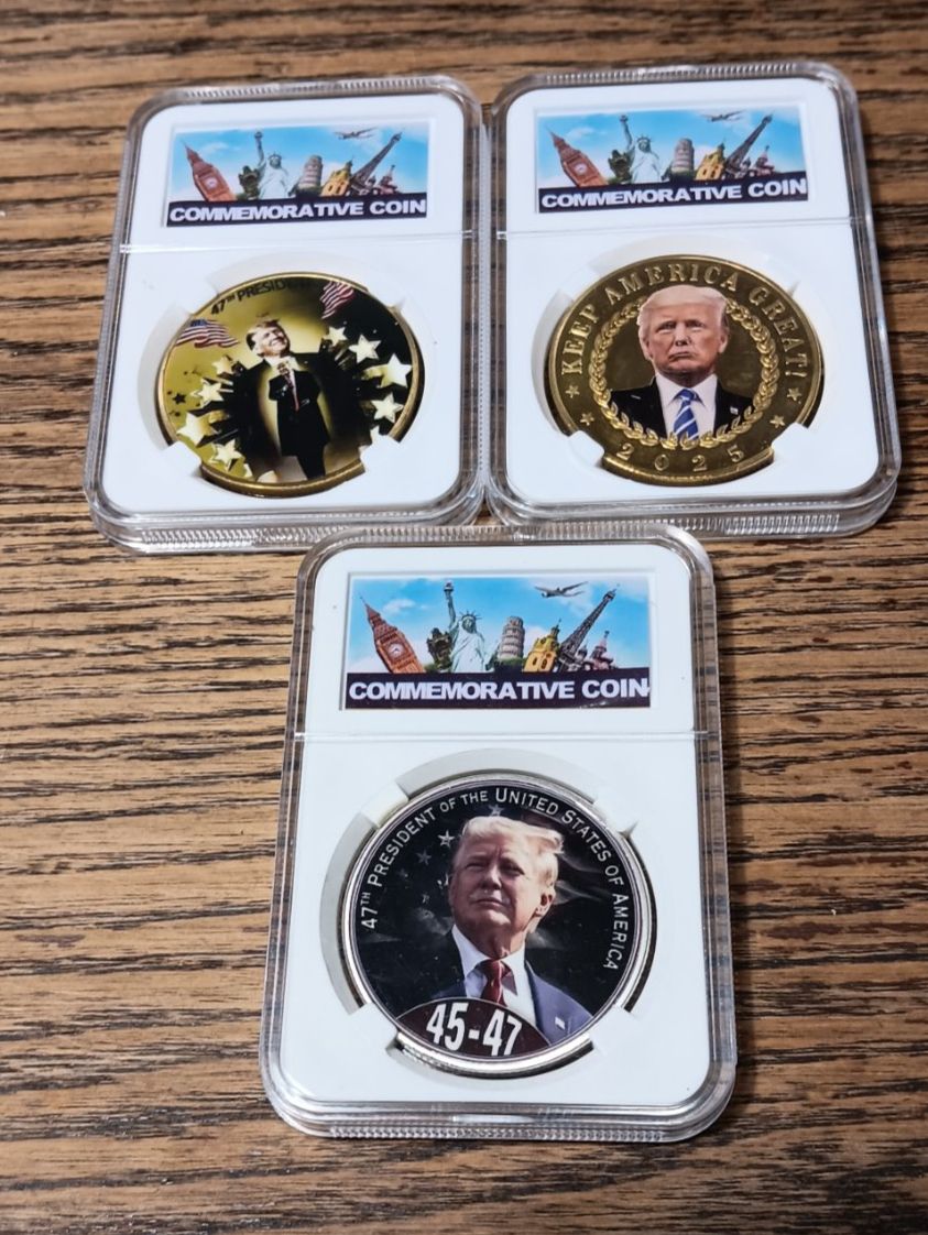 Tutti le monete: RÉPLIQUE 3 pièces commémoratives de Donald Trump – Nuovo e nell'imballaggio originale da pully venduto da gringoloko 1