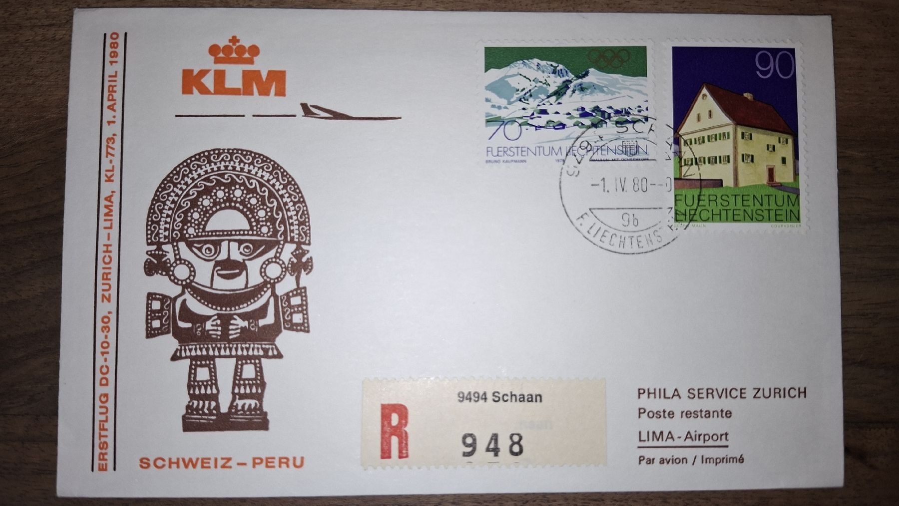 Alle Briefmarken: KLM Schweiz - Peru 01.04.1980 – Gebraucht aus Balgach von SIMEON27