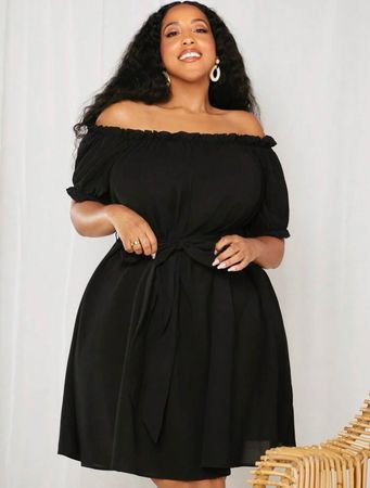 Kleid schulterfrei mit Rüschen schwarz Gr. 56 / 58 / 60