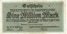 Plauen 1 Mil. Mark 10.08.1923 VZ+ Sehr selten