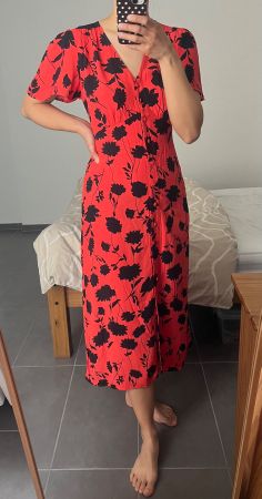 M&S Coral Red & Black Floral Midi Tea Dress - EU 34