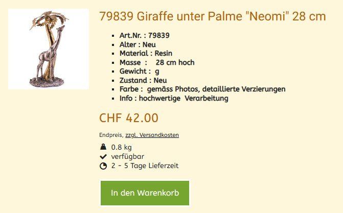 Statuette: Afrika Figur 79839 Giraffe  ,  NEU – Nuovo e nell'imballaggio originale da Hagenbuch ZH venduto da cougar1 1