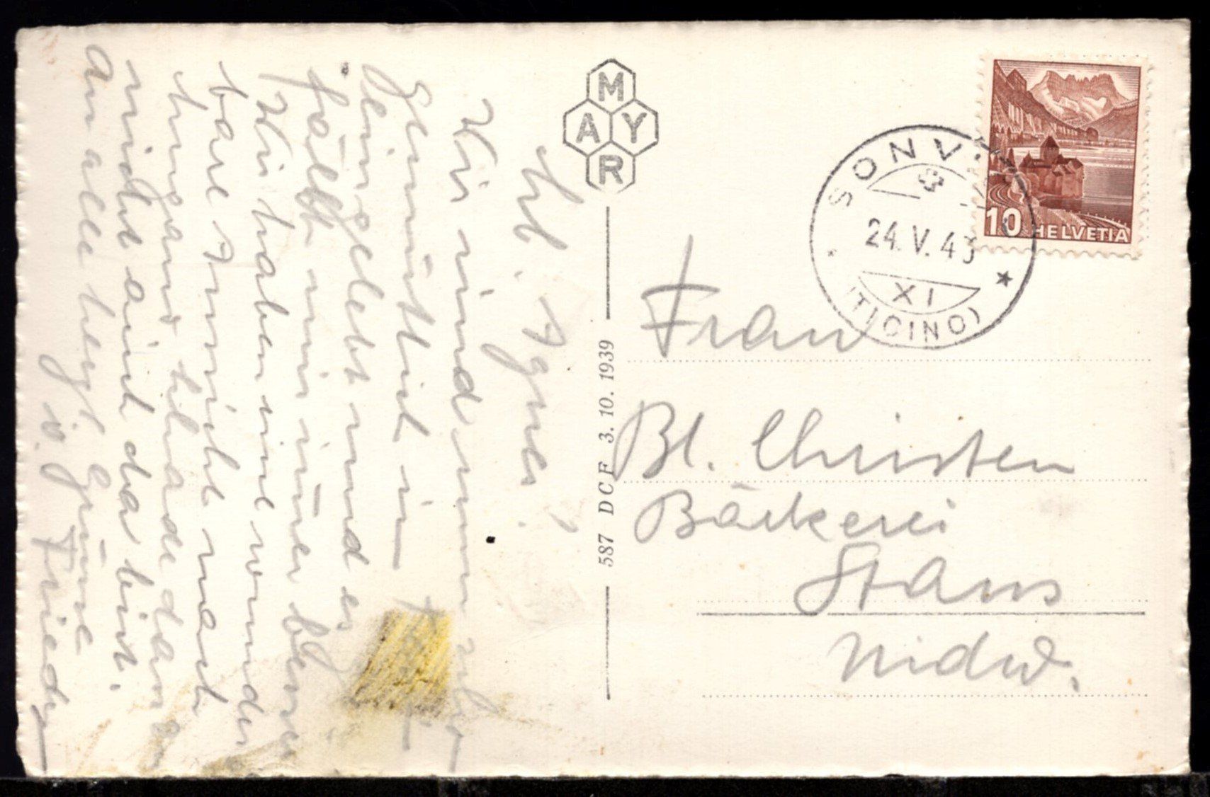 Cartoline postali: Sonvico, 24.V.43   600m.s,/m  Villa  Riposo – Usato da Aarau venduto da kufi44 1