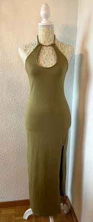 Olive green halter neck maxi dress with side slit