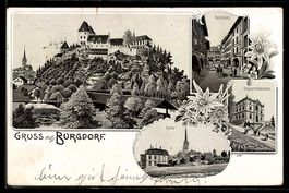 Lithographie Burgdorf, Ersparniskasse, Kirche, Kirchbühl, Or