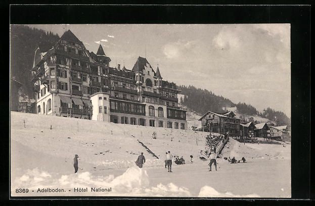 Cartoline postali: AK Adelboden, Hotel National mit Eisring – Usato da Berlin venduto da bartko-reher