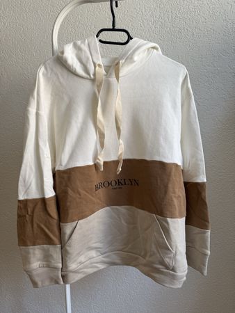 Sweat à capuche crème/brun/beige inscription Brooklyn, t.S/M