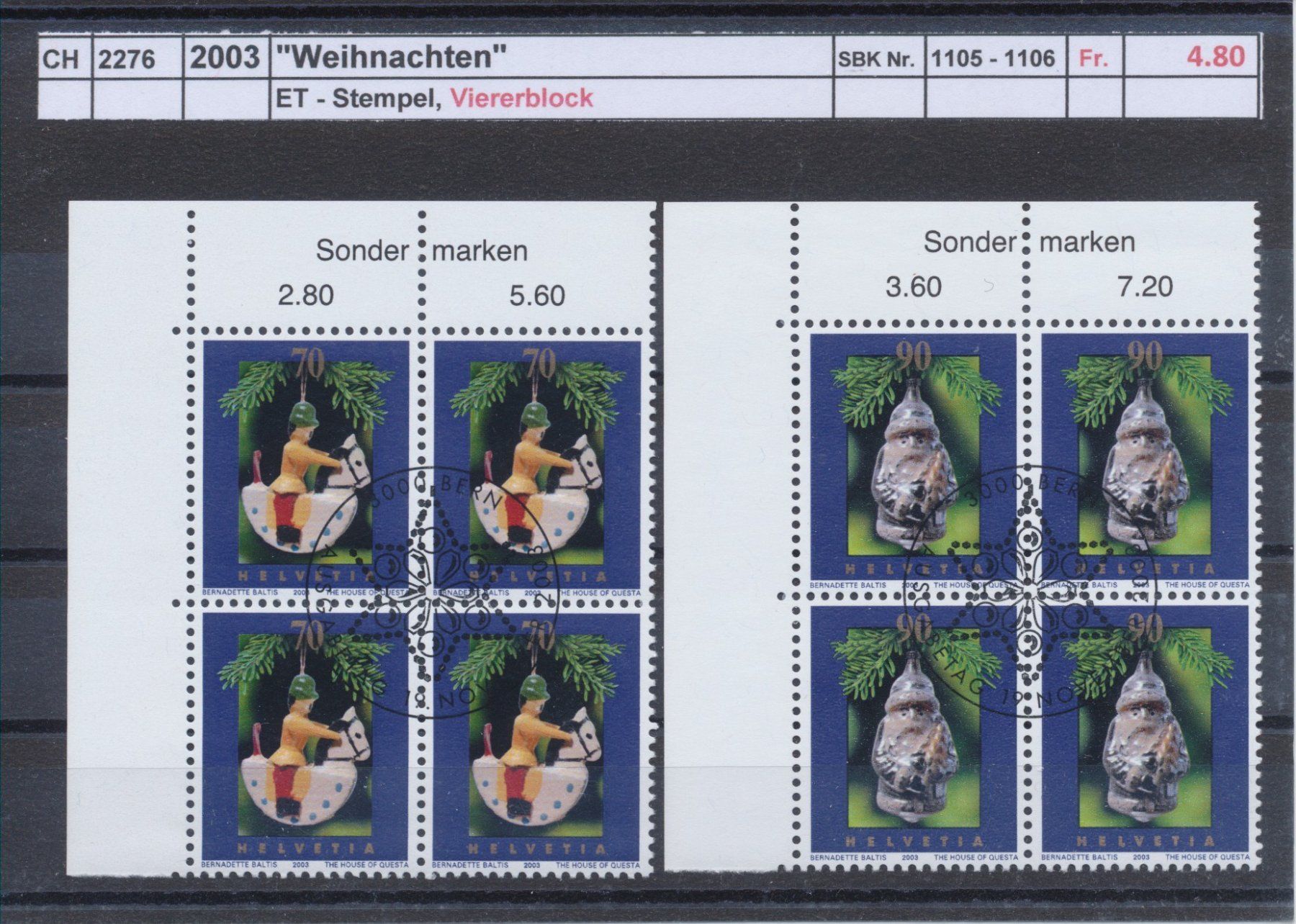 Tutti i francobolli: 2003 "Weihnachten" - Viererblock, ET- Stempel – Usato da Winterthur venduto da Zupogeru