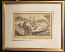 Antike Xylographie "Töbelibrücke" mit Dampflokomotive.