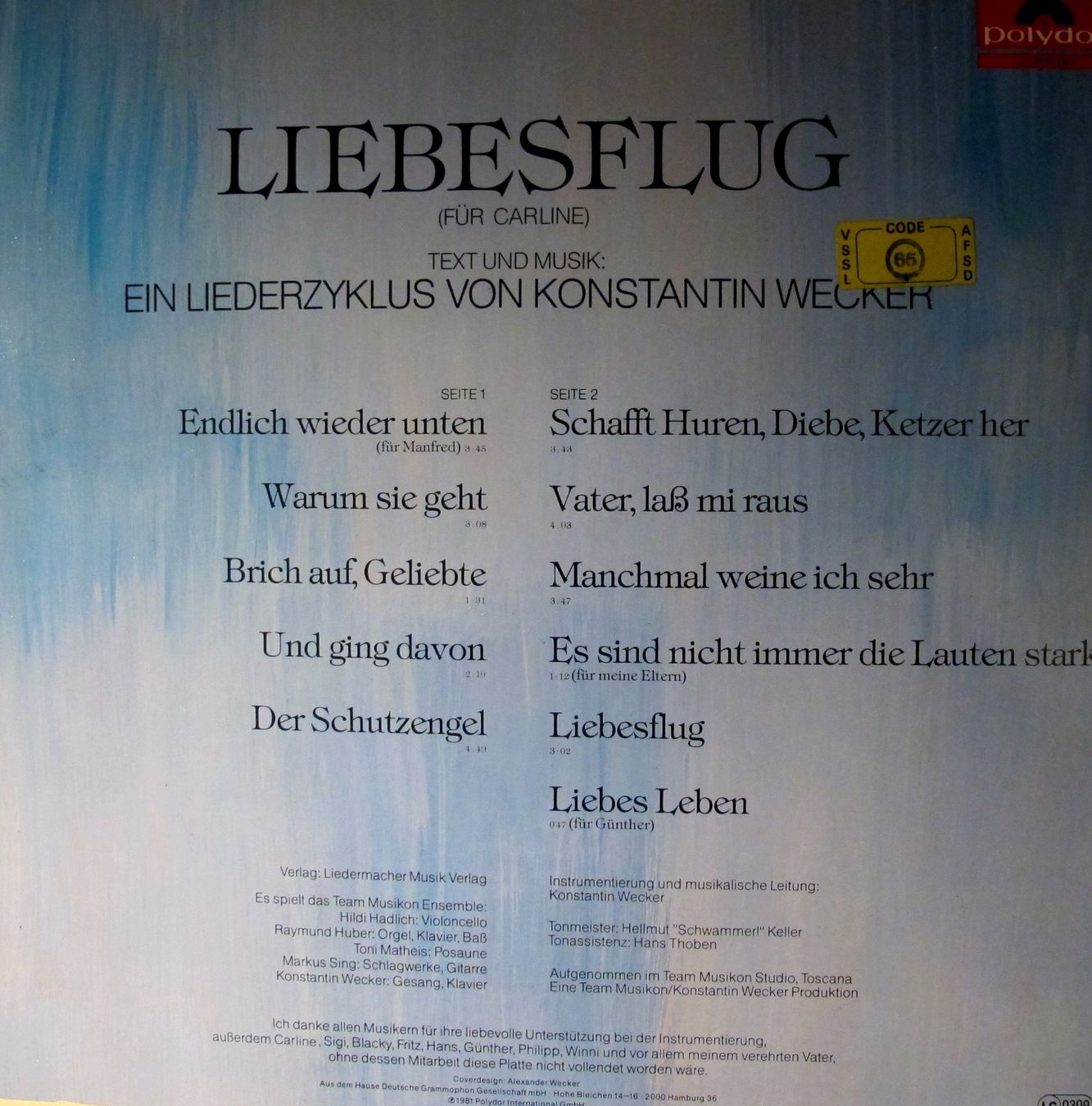 Dischi in vinile: Konstantin Wecker - Liebesflug – Usato da Bern venduto da hippoism 1