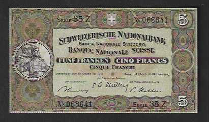 Banknoten: CH  -  5  Fr.  1947  Bankfrisch – Neu (gemäss Beschreibung) aus Gordola von coinsandnotes