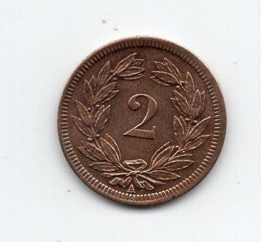 Tutti le monete: (976) Schweiz, 2 Rappen 1851, Super, stgl – Usato da Rüthi (Rheintal) venduto da erdnuessli1