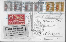 1925 Sonderkarte Flug Basel-Zürich Mehrfachfrankatur ab 1.-