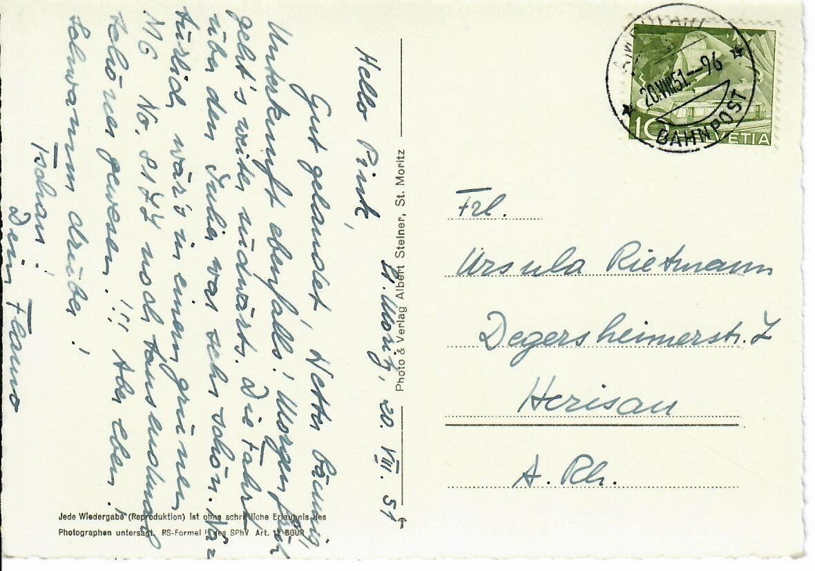 Ansichtskarten: Celerina Kirche 1951 – Gebraucht aus Hochdorf von Ziegel-16 1