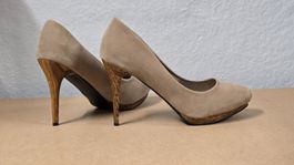 Plateau-Pumps - 36 - Taupe / Beige mit Absatz in Holz-Optik