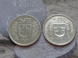 2 x 5 Fr. 1931 B - Variante 13 étoiles sur la tête
