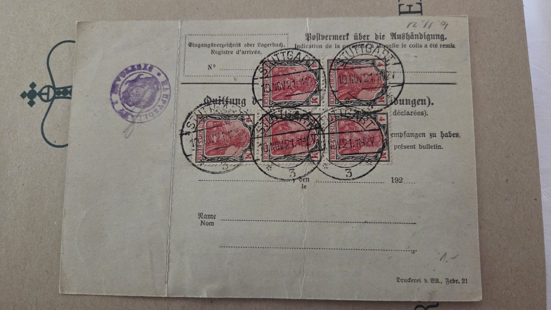Alle Briefmarken: 1921Paketkarte Deutsches Reich – Gebraucht aus Arni AG von Moth68 1