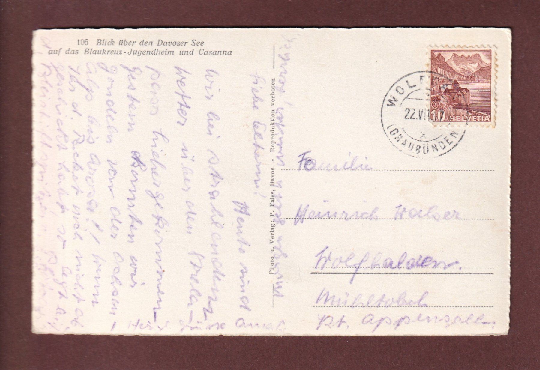 Cartoline postali: DAVOS - Davoser See - 1947 – Usato da Pully venduto da nicecards-shop 1