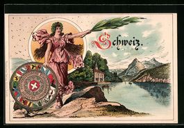 Litho Tellskapelle, Helvetia mit Wappen 