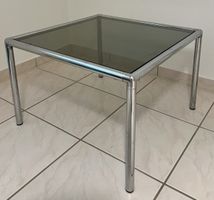 70er Couchtisch Stahlrohr Chrom Glasplatte Rauchglas 