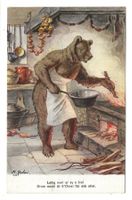 Bärenkarte - Künstler K. Gehri - lediger Bär beim Kochen