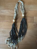 Beaded Necklace Cream Navy Tassels Boho Style