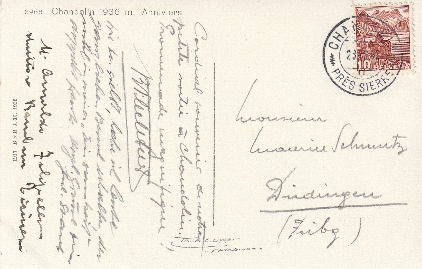 Cartoline postali: AK - Chandolin - gel. 23.3.1943 – Usato da Fribourg venduto da schnalla92 1