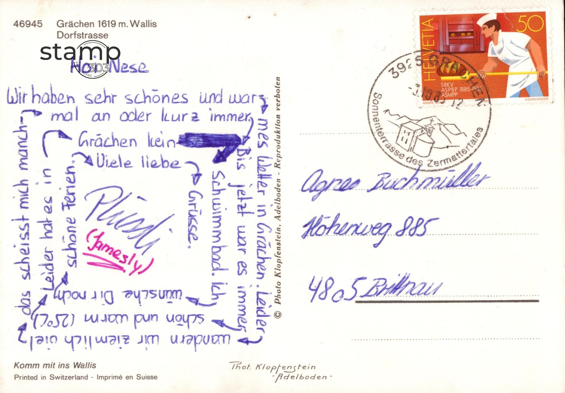 Cartoline postali: 1985 AK Grächen _ Dorfstrasse – Usato da Eggersriet venduto da stamp303 1