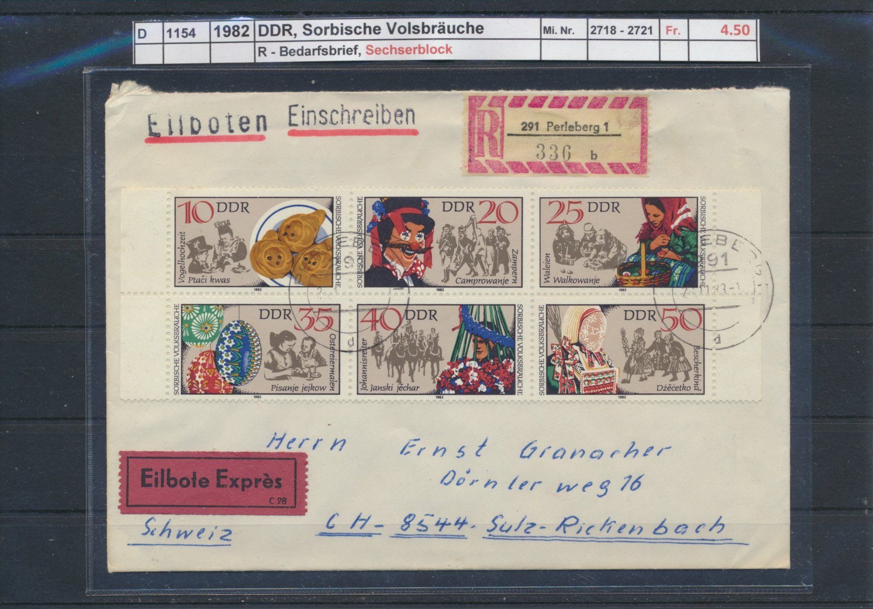 Tutti i francobolli: 1982 DDR, Sorbische Volksbräuche, Sechserblock – Usato da Winterthur venduto da Zupogeru