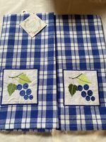New Embroidered Blue Check Kitchen Summer Towels w/ Grapes