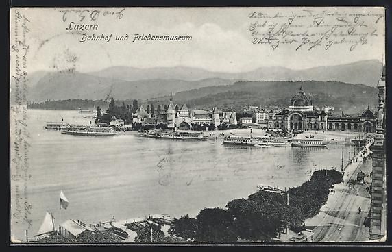 Cartoline postali: AK Luzern, Bahnhof und Friedensmuseum – Usato da Berlin venduto da bartko-reher