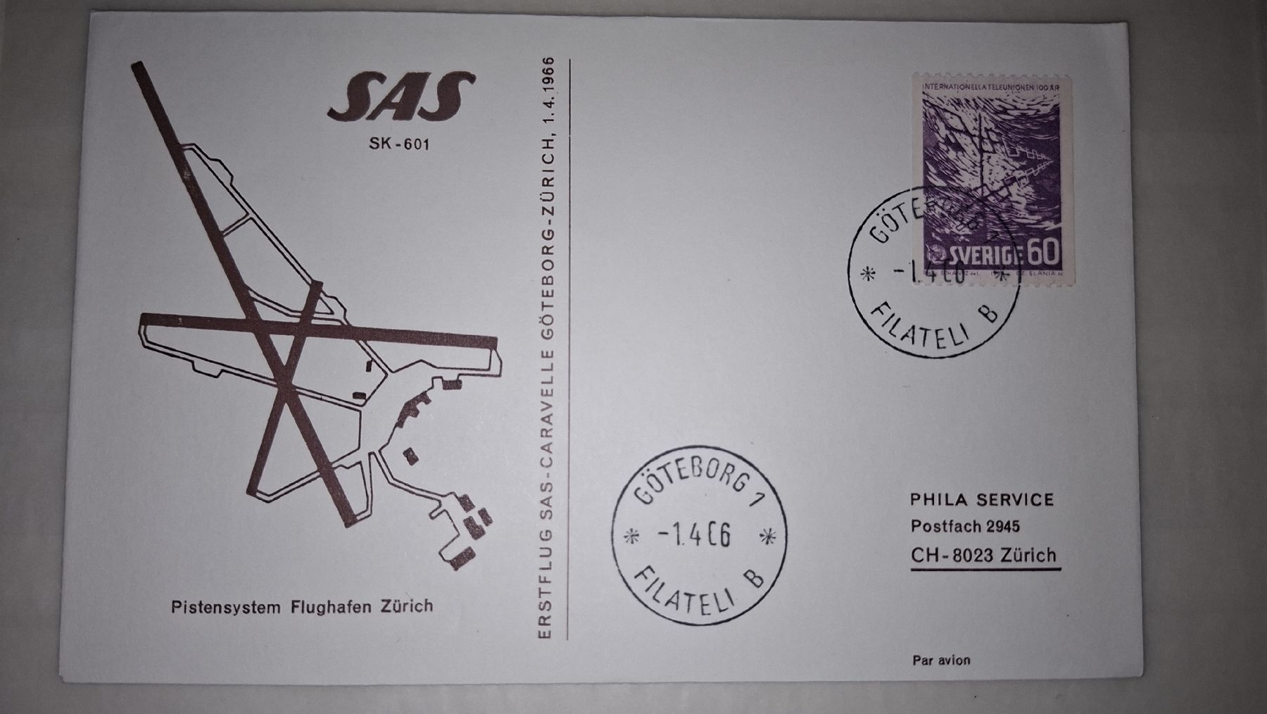 Tutti i francobolli: SAS Göteborg - Zürich 01.04.1966 – Usato da Balgach venduto da SIMEON27