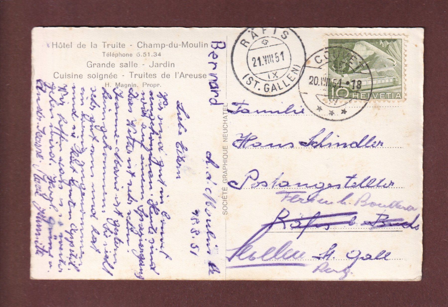 Cartoline postali: Gorges de l'AREUSE - 1951 – Usato da Pully venduto da nicecards-shop 1