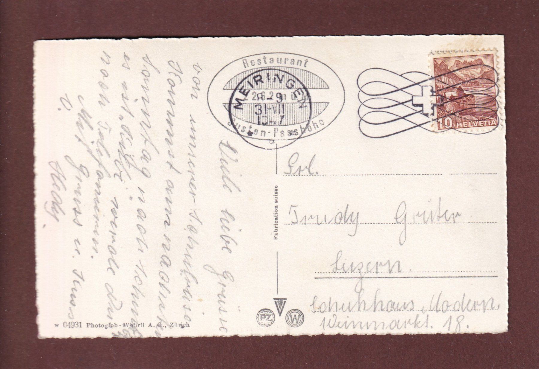 Cartoline postali: SUSTENPASSHÖHE - 1947 – Usato da Pully venduto da nicecards 1