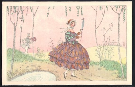 Cartoline postali: Mela Köhler: Dame mit Schirm, Kavalier  – Usato da Berlin venduto da bartko-reher