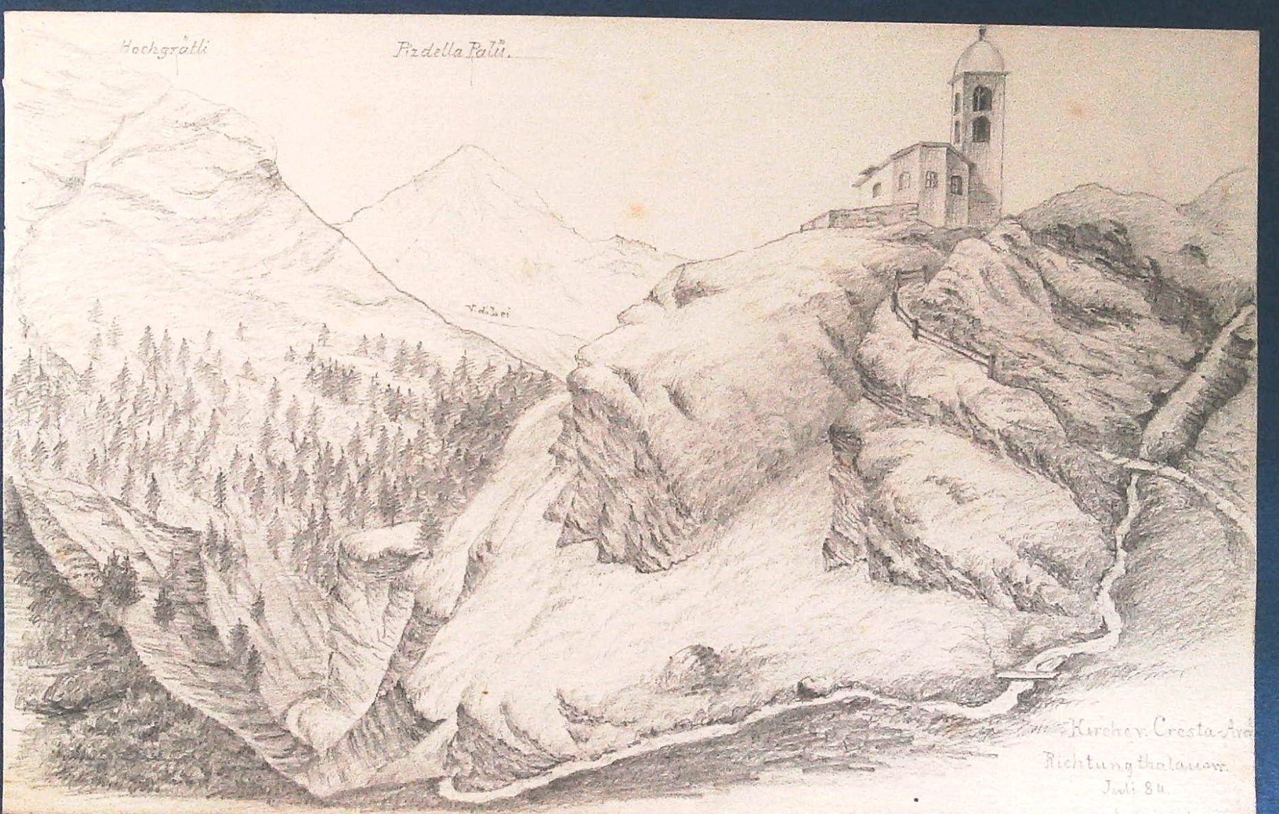 Incisioni: Cresta Kirche Avers feine Zeichnung 1884 – Usato da Rafz venduto da Helvet32 1