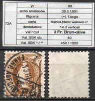 1891 HELVETIE DEBOUT STEHENDE HELVETIA SBK 72A 3 Fr olvbr V@