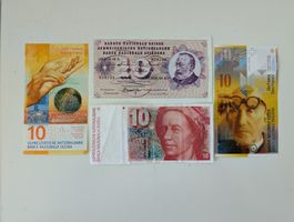 Schweizer 10 Franken Noten 4 verschiedene Serien - 3 unzirk.